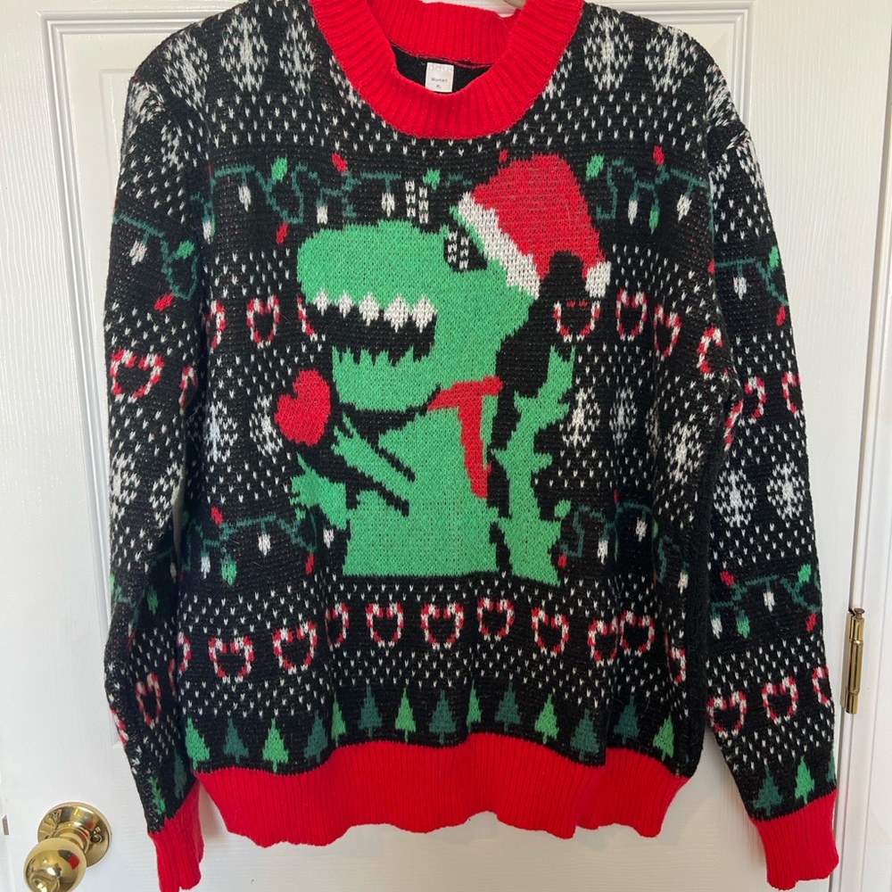 Women’s XL Ugly Christmas Sweater Dinosaur T-Rex Santa Hat Holiday Pullover